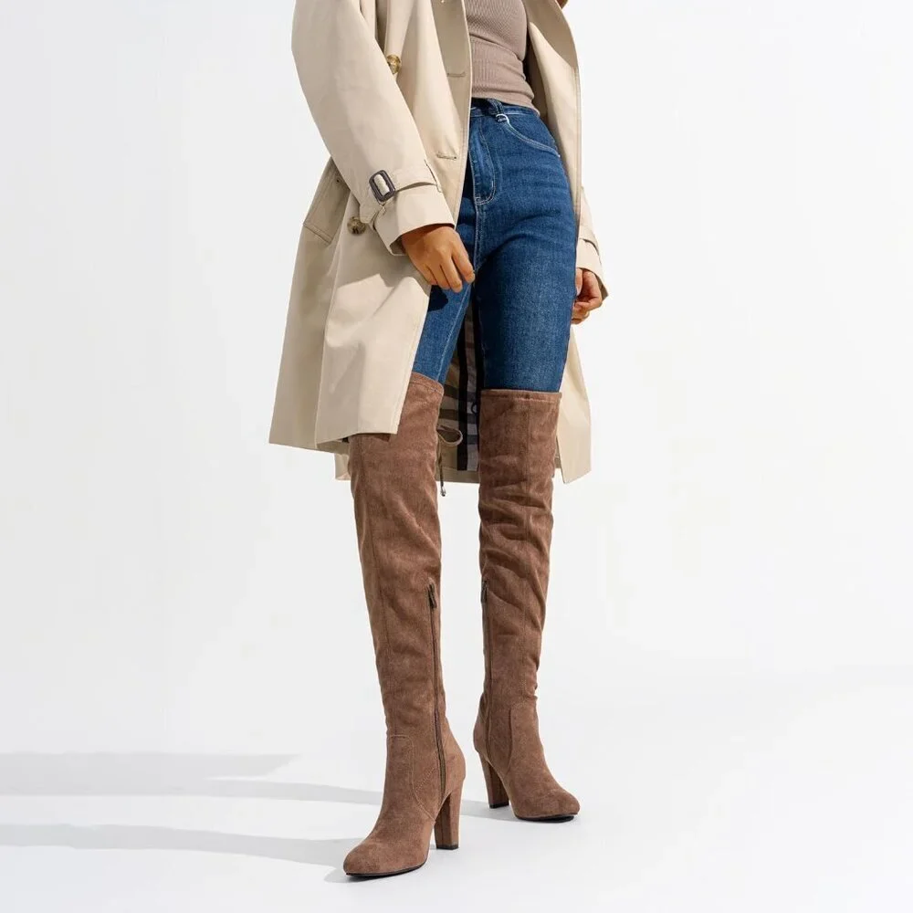 Women's Mocha Toffee Suede Inner Zipper Thigh High Over The Knee High Heel Boots